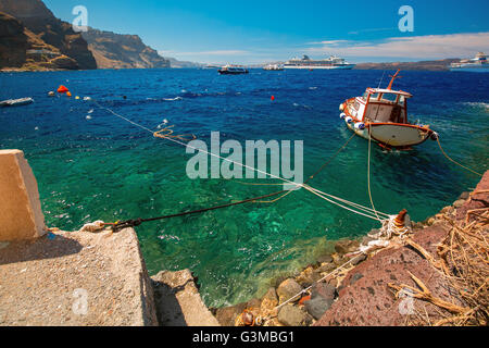 Old Port of Fira, main town Santorini, Greece Stock Photo