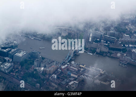 London, UK. 13th June 2016. An aerial photograph of Tower Bridge on a cloudy wet day in London Credit:  amer ghazzal/Alamy Live News Stock Photo
