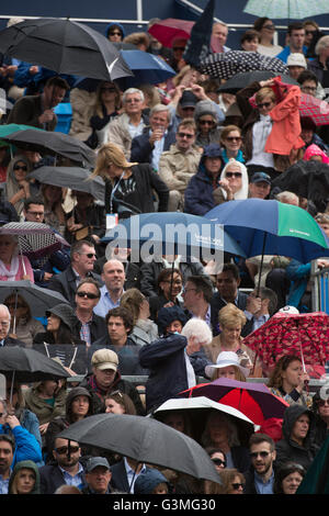 The Queen’s Club, London UK. 13th June 2016. Grass court championships start at the west London club today till 19th June. The first match on day 1, Richard Gasquet (FRA) vs Steve Johnson (USA) is suspended due to rain within 5 minutes of the players arriving on court. Credit:  sportsimages/Alamy Live News. Stock Photo