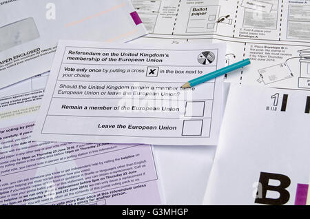 BASINGSTOKE, UK - JUNE 13, 2016: Postal ballot paper and envelopes for the UK Referendum on whether to remain in or leave the European Union. Stock Photo