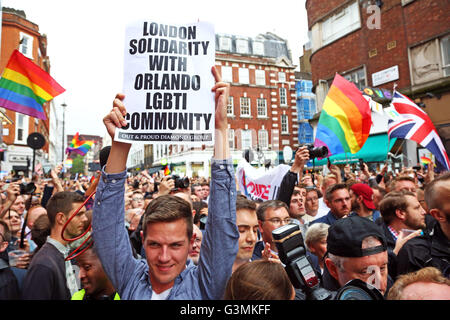 London, UK. 13th June, 2016. Soho Vigil for Orlando shootings in Old Compton Street, London where thousands of people gathered in memory of the victims killed at the gay nightclub in Orlando. Credit:  Paul Brown/Alamy Live News Stock Photo