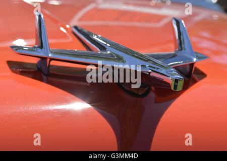 Westbury, New York, USA. June 12, 2016. Chrome Flying Bird Rocket Eagle hood ornament is seen in close up on red 1955 Chevrolet Belair, owned by Robert McDonough of New Hyde Park,  at the Antique and Collectible Auto Show at the 50th Annual Spring Meet at Old Westbury Gardens, in the Gold Coast of Long Island, and sponsored by Greater New York Region, GNYR, Antique Automobile Club of America, AACA. Stock Photo