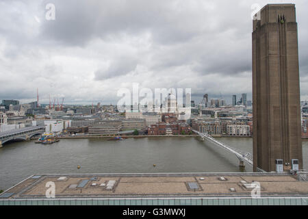 The Tate Modern, London UK. 14th June 2016. The world’s most popular gallery presents the new Switch House to the press, designed by architects Herzog & de Meuron, opening to the public on 17th June 2016 and increasing the overall space by 60%. Galleries within the existing Boiler House are also rehung for the official opening. Elevated view over the original building from 10th floor viewing gallery of the new Switch House. Credit:  artsimages/Alamy Live News. Stock Photo