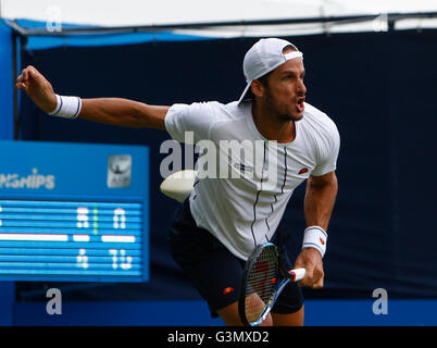 Queens Club, London, UK. 14th June, 2016. Aegon Queens Tennis Championships Day Two. Feliciano Lopez serves in his 1st round match against Marin Cilic (CRO). Credit:  Action Plus Sports Images/Alamy Live News Stock Photo