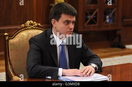 Moscow, Russia. 14th June, 2016. Director of the Federal Agency for Scientific Organizations Mikhail Kotyukov during a meeting with Russian President Vladimir Putin and President of the Russian Academy of Sciences Vladimir Fortov at the Kremlin June 14, 2016 in Moscow, Russia. Credit:  Planetpix/Alamy Live News