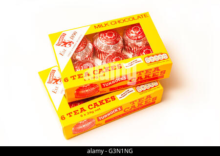 Tunnock's tea cakes, Traditional chocolate and Marshmallow cakes isolated on a white studio background. Stock Photo
