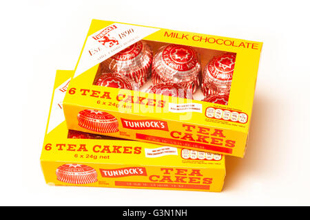 Tunnock's tea cakes, Traditional chocolate and Marshmallow cakes isolated on a white studio background. Stock Photo