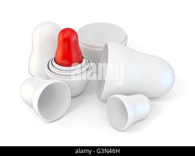 White unpainted opened matryoshka dolls with red smallest one. 3D render illustration isolated on white background Stock Photo