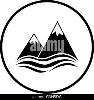 Snow peaks cliff on sea icon. Thin circle design. Vector illustration. Stock Vector