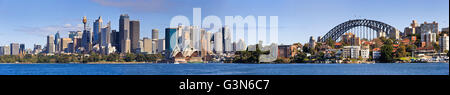Wide panoramic view of Sydney city architecture landmarks - towers of CBD, Harbour Bridge, as seen across harbour from Cremorne Stock Photo