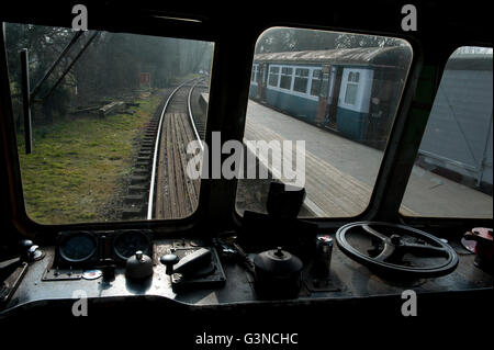 Driver's View from the cab of Metro-Cammel class 108 DMU at Eythorne on the East Kent Railway, UK Stock Photo