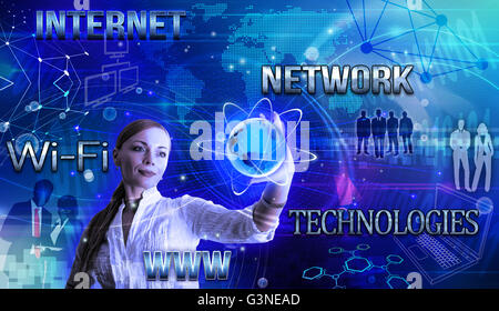 Conceptual internet and networking illustration with a woman holding globe Stock Photo