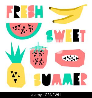A set of geometric style summer design elements. Decorative letters and fruits in yellow, pink, green and black isolated on whit Stock Vector