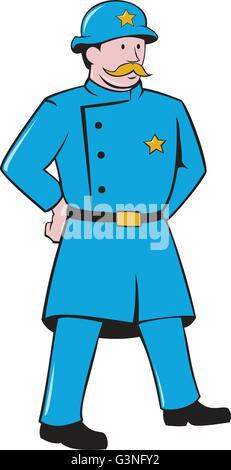 Illustration of a vintage new york policeman standing with hands at the back looking to the side viewed from front set on isolated white background done in cartoon style. Stock Vector