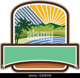Illustration of tropical trees, mountains and sea coast set inside shield crest with sunburst in the background done in retro style. Stock Vector