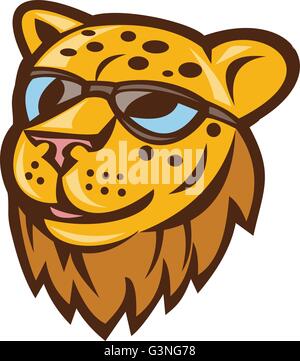 Illustration of a cheetah head smiling wearing sunglasses viewed from front set on isolated background done in cartoon style. Stock Vector