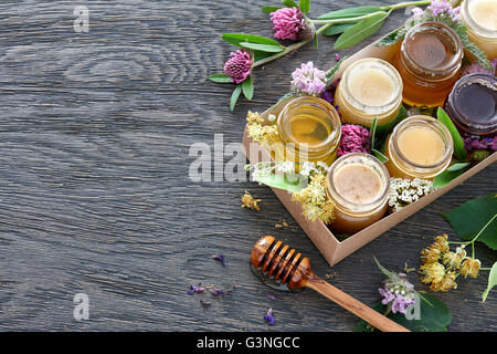Different kinds of honey in a box Stock Photo