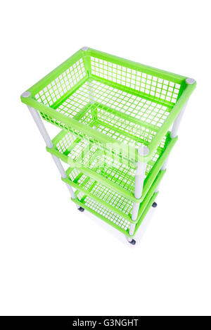 Green bin rack shelf with wheels isolated on white Stock Photo