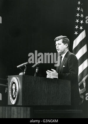 President John F. Kennedy delivers a Press Conference at the State Department. Abbie Rowe photographer Stock Photo
