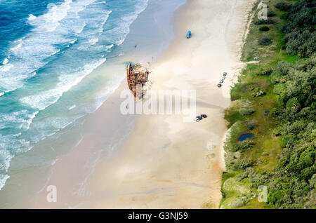 Aerial view of the impressive SS Maheno luxury shipwreck resting on the beach of Fraser Island, Australia Stock Photo