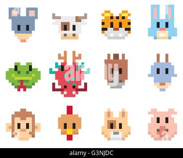 Vector illustration of Chinese Zodiac animal cartoon - Pixel art style Stock Vector