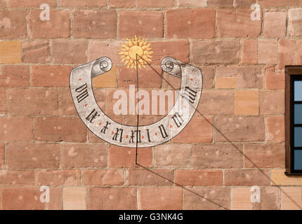 Historic sundial on brick wall of Schuerstabhaus, a patrician house, Sebalder Platz, Nuremberg, Nuernberg, Bavaria Stock Photo