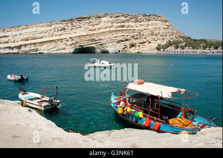 Boats in the bay of Matala, Libyan Sea, southern Crete, Greece, Europe Stock Photo