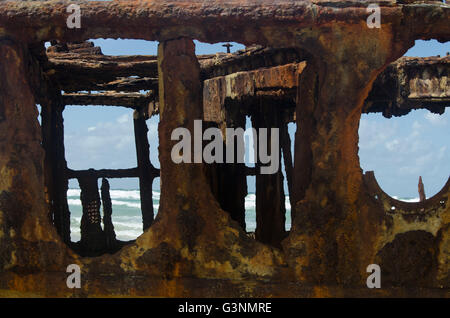 Details of the interior of the SS Maheno luxury shipwreck on clear blue sky Stock Photo