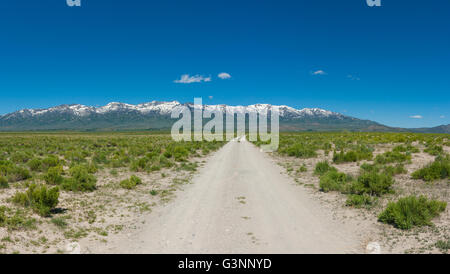 Dirt road in vast western American wilderness leads to distant mountain range. Stock Photo