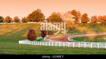 Kentucky horse farm with a white fence curving in front of a large house near Lexington, KY, USA Stock Photo