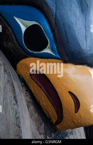 Beak and eye of a bird carving on a totem pole, Duncan, Vancouver Island, British Columbia, Canada