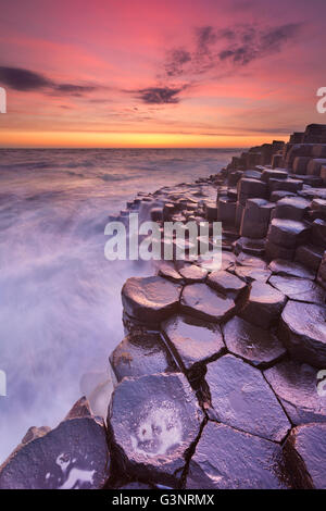 Sunset over the basalt rock formations of Giant's Causeway on the north coast of Northern Ireland. Stock Photo