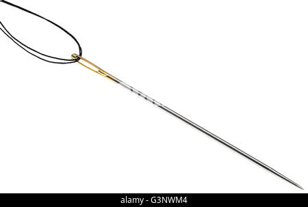 sewing needle with black thread threaded through the golden needle's eye isolated on white background Stock Photo