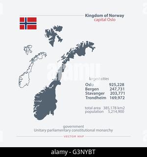 Kingdom of Norway isolated maps and official flag icon. vector Norwegian political map icons with general information. Nordic Co Stock Vector