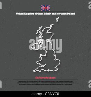 United Kingdom of Great Britain and Northern Ireland map and official flag icons. vector British political map thin line icon. E Stock Vector