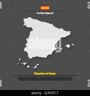Kingdom of Spain isolated map and official flag icons. vector Spanish political map 3d illustration over paper texture. EU geogr Stock Vector