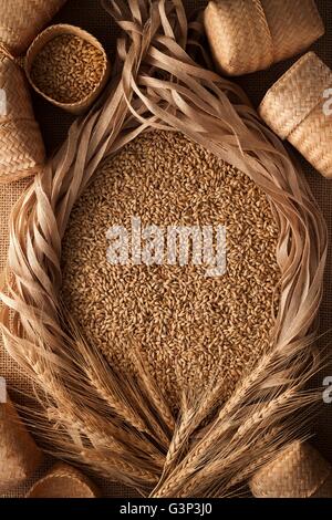 malt still life rope flax frame sackcloth background rustic flat lay frame border Stock Photo