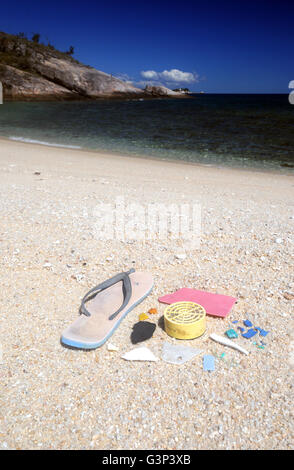 Plastic rubbish collected on beach, Turtle Bay, Lizard Island, Great Barrier Reef, Queensland, Australia Stock Photo
