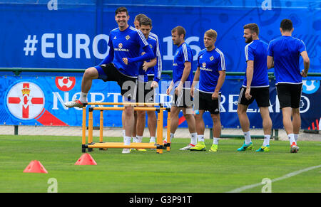 Northern Ireland's Kyle Lafferty (left) during a training session at Saint-George-de-Reneins. Stock Photo