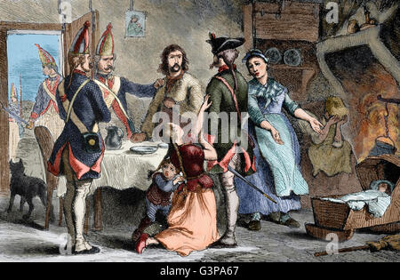 American Revolutionary War (1775-1783). Hessian recruited as a soldier by the British military service while his family begs them not to recruit him. They are most widely associated with combat operations in the American War of Independence. Engraving by Darley. 19th century. Colored. Stock Photo