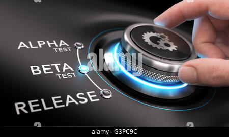 Hand turning a process knob. Concept of software or app development. Composite image between a photography and a 3D background. Stock Photo