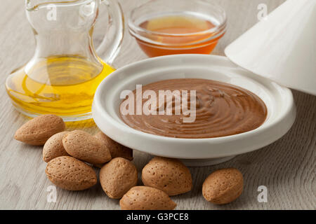 Traditional Moroccan almond amlou with almonds,argan oil and honey Stock Photo