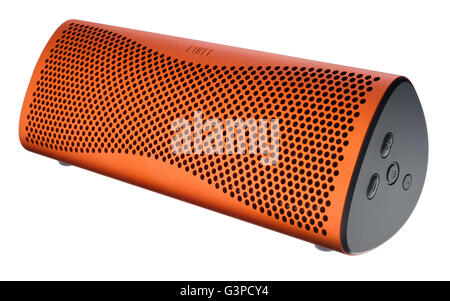 KEF Muo wireless bluetooth speaker in orange aluminium. Portable loudspeaker designed by Ross Lovegrove. Stock Photo