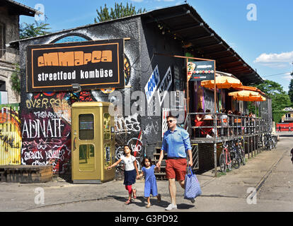 Graffiti in bohemian Friedrichshain - Kreuzberg  Berlin RAW temple, former railway yards, Warschauer Strasse - Revaler Straße Germany  ( nightlife spot night club area ) Stock Photo