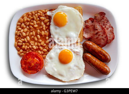 English breakfast with two eggs sausage beans bacon and grilled tomato Stock Photo