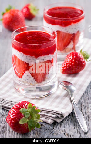 Strawberry chia pudding with oat flakes Stock Photo