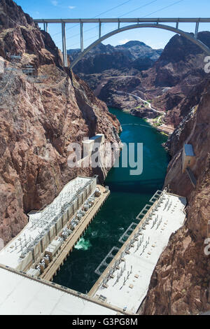 View of Mike O'Callaghan–Pat Tillman Memorial Bridge from Hoover Dam also known as Boulder Dam between Nevada and Arizona, USA Stock Photo