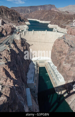 View of Hoover Dam also known as Boulder Dam from Mike O'Callaghan–Pat Tillman Memorial Bridge between Nevada and Arizona, USA Stock Photo