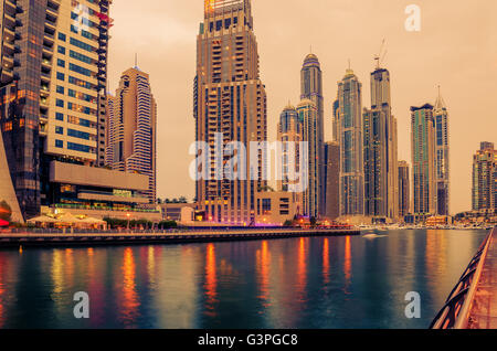 Dubai, United Arab Emirates: Marina in the sunset Stock Photo