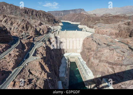 View of Hoover Dam also known as Boulder Dam from Mike O'Callaghan–Pat Tillman Memorial Bridge between Nevada and Arizona, USA Stock Photo